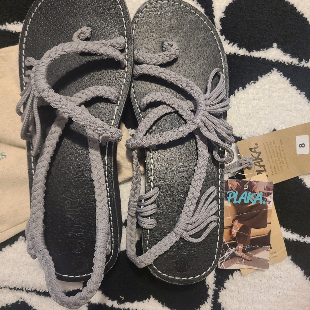 Plaka-Palm Leaf Flat, Beach, Slip Ons-Gray-Rope-Women’s Sz 8 Sandals